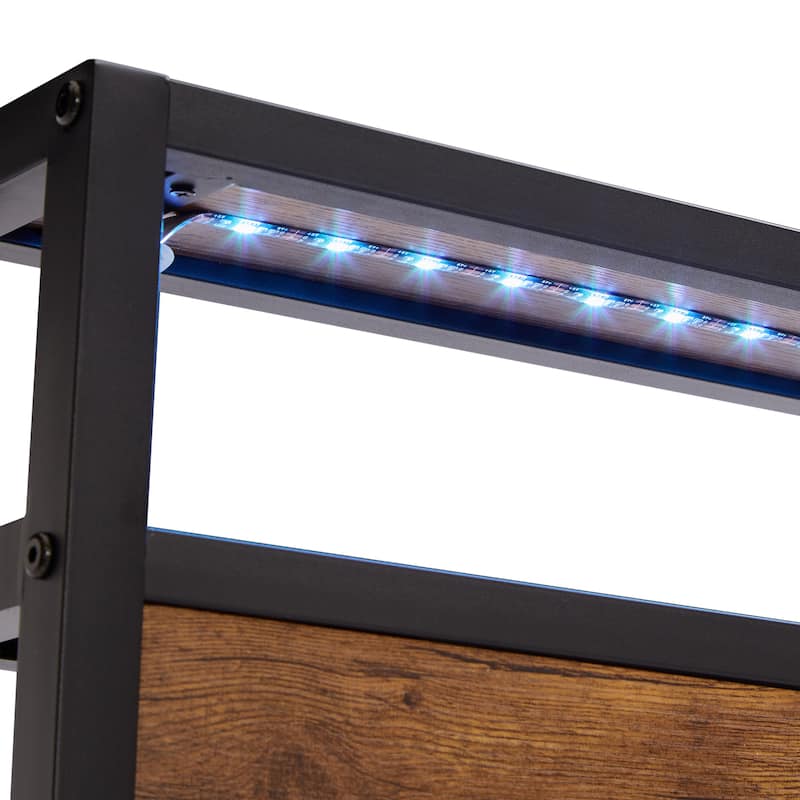Metal Platform Bed with LED Lights and Wooden Headboard