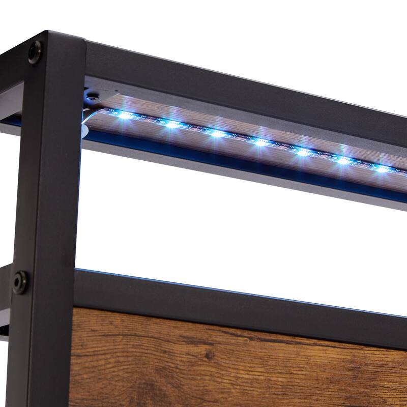 Queen Size Metal Platform Bed Frame with Wooden Headboard, USB, LED Lights, No Box Spring Needed