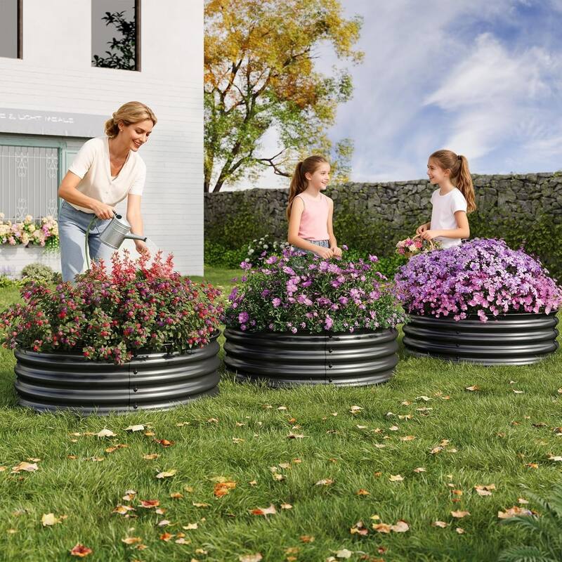 3-Pack 2x1FT Galvanized Raised Garden Beds Round Metal Planter Box Kitfor Vegetables Flowers and Fruits Black