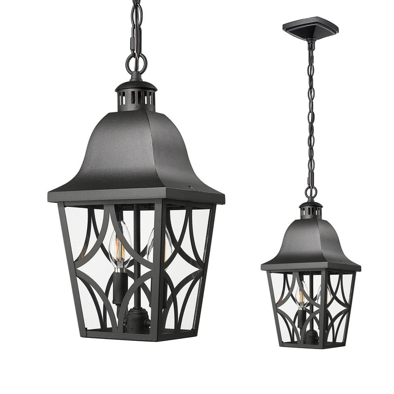 Modern Black Outdoor Pendant Light - Anti-Rust Hanging Lantern with Glass Shade for Porch, Front Door (1-Pack) - Black