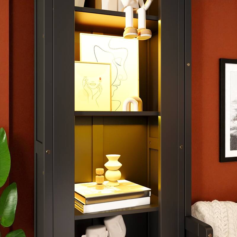 Queen Size Murphy Platform Bed with LED Shelves, Side Cabinets, Desk Panel and Storage Drawers