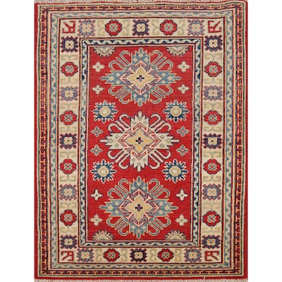 Red Kazak Foyer Rug Hand-Knotted Geometric Wool Carpet - 3'0"x 4'0"