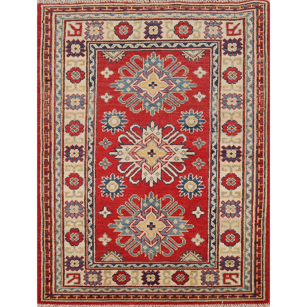 Red Kazak Foyer Rug Hand-Knotted Geometric Wool Carpet - 3'0"x 4'0"
