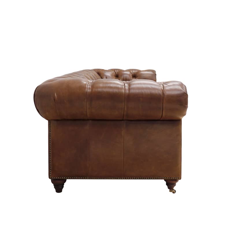 Pasargad Home Paris Club Chesterfield Genuine Leather Sofa, Brown - W88"xD35"xH29"