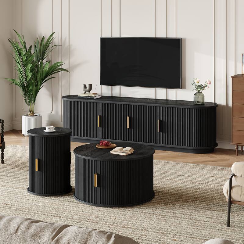 Fluted Sliding Door TV Stand & Coffee Table Set, Wooden Media Cabinet TV Console for TVs up to 75", 3-Piece Living Room Set - Black