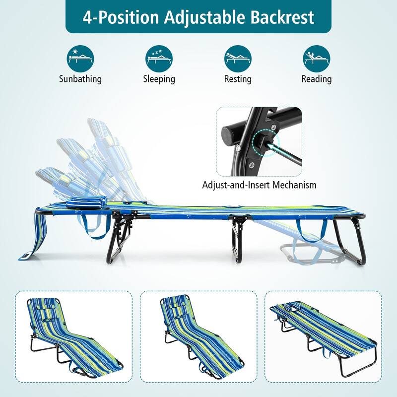 Gymax 2PCS Folding Beach Sun Lounger w/Face Hole Removable Pillows