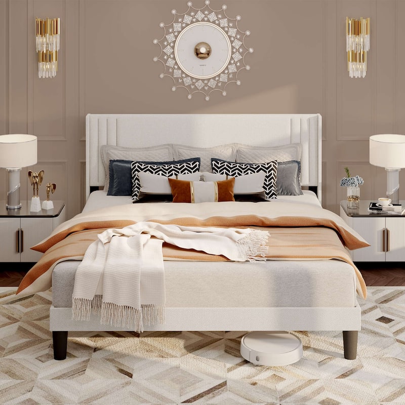 Queen/ Full Vertical Channels Upholstered Bed with Wingback Headboard