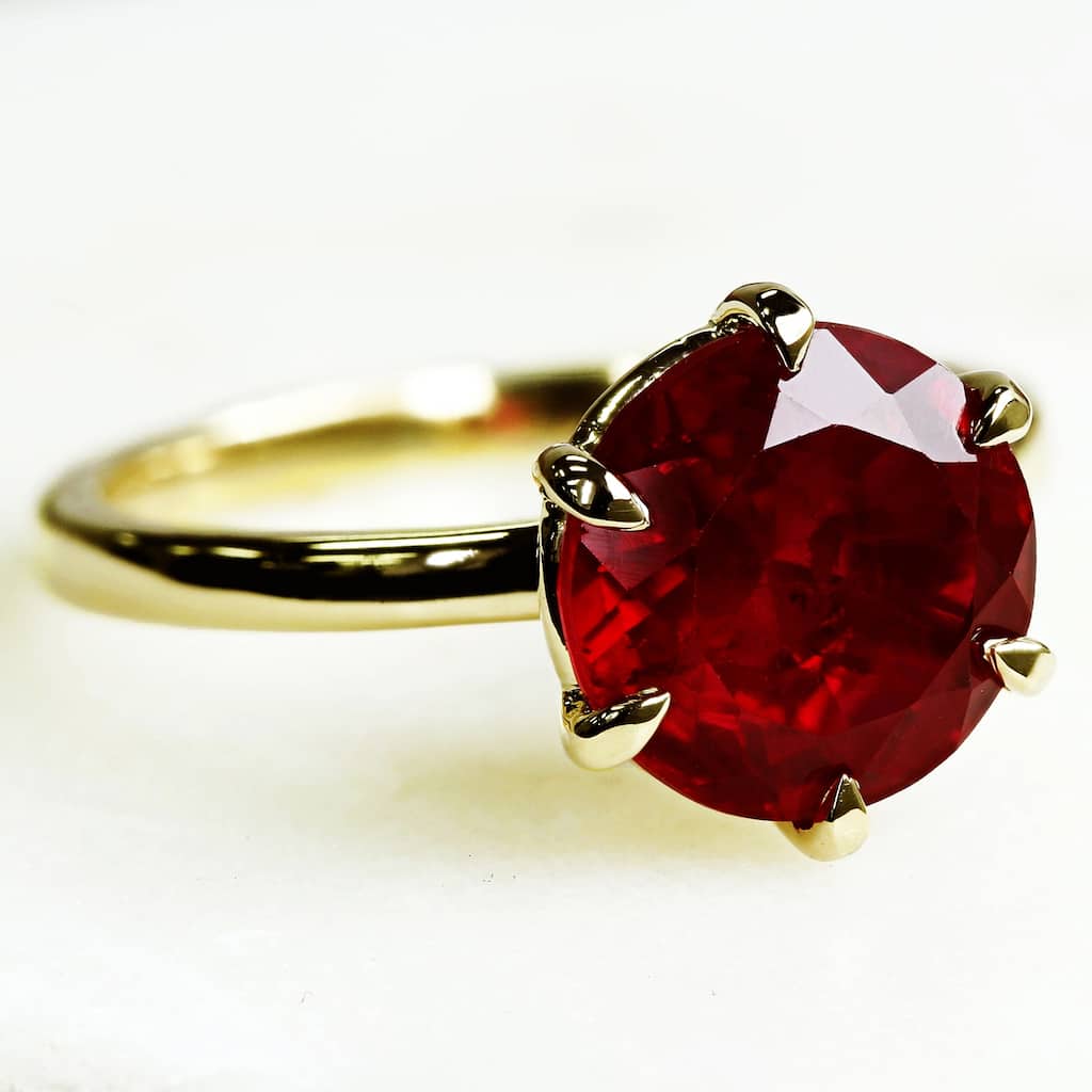 Kobelli 10 mm Red Ruby Solid 14k Gold 6-Prong Solitaire Precious Gemstone Ring