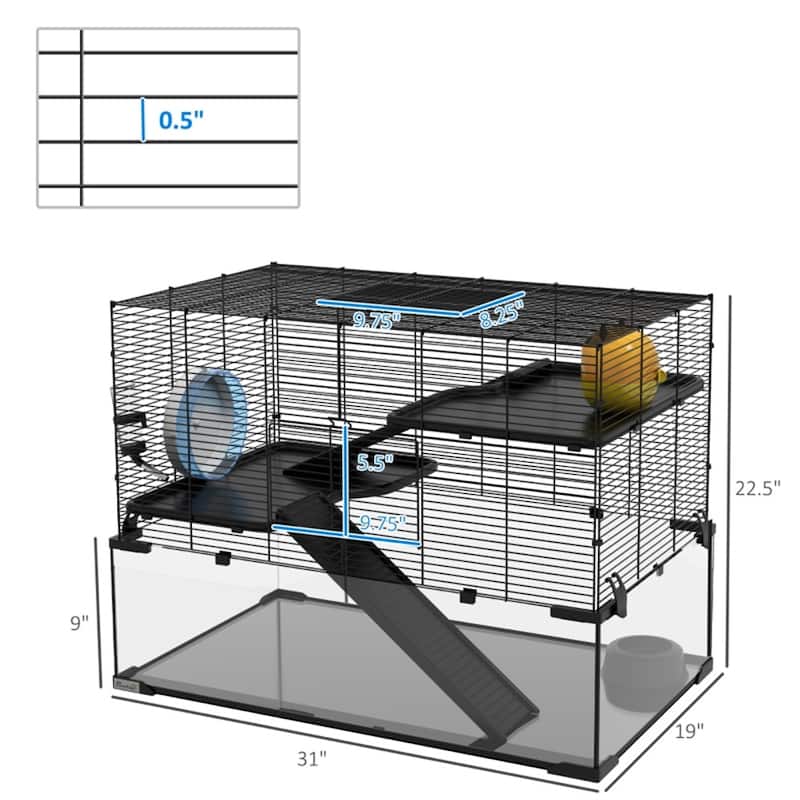 Black-Transparent Hamster Cage with Steel Frame, Glass Base and Accessories - 31" L x 19" W x 22.5" H