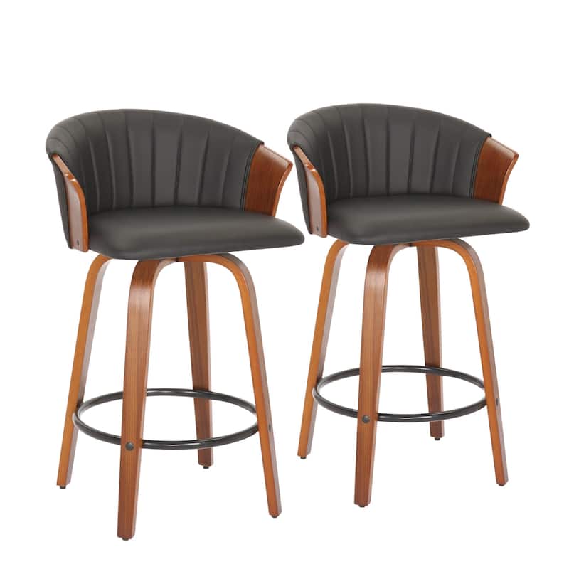 HomeRoots Set of Two 26" Black and Brown Faux Leather and Solid Wood Low Back Counter Height Bar Chairs