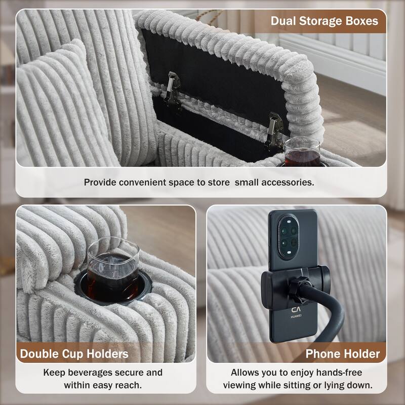 Roomfitters 75 Inch Modern Chaise Lounge Sofa with Adjustable Backrest and Cup Holders, Corduroy