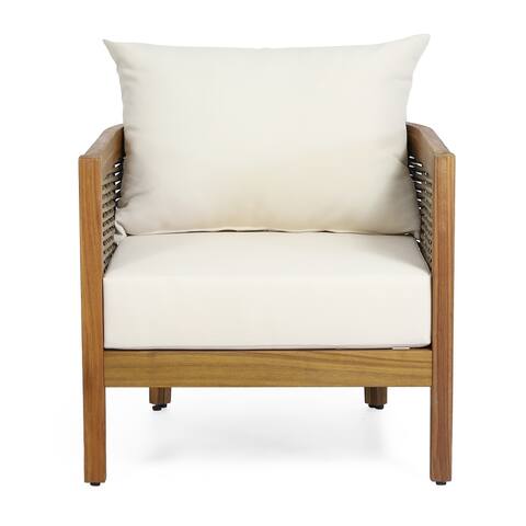 Burchett Acacia Wood and Wicker Outdoor Club Chair with Cushions by Christopher Knight Home