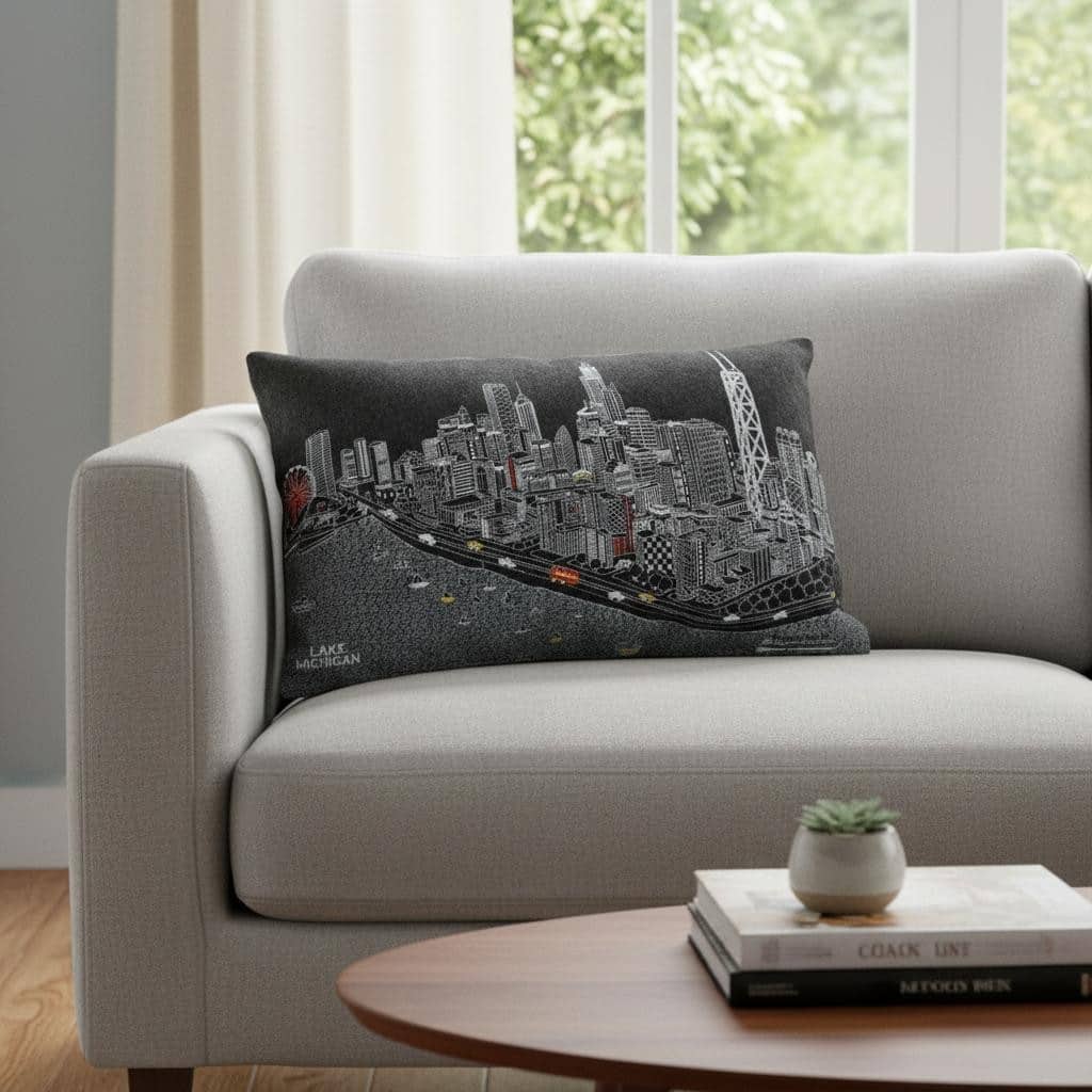 HomeRoots 14" X 24" Dark Gray And White Chicago Nighttime Skyline Lumbar Decorative Pillow