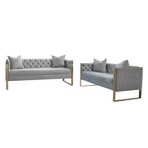 Velvet Sofa Set with Metal Legs in Gold and Grey