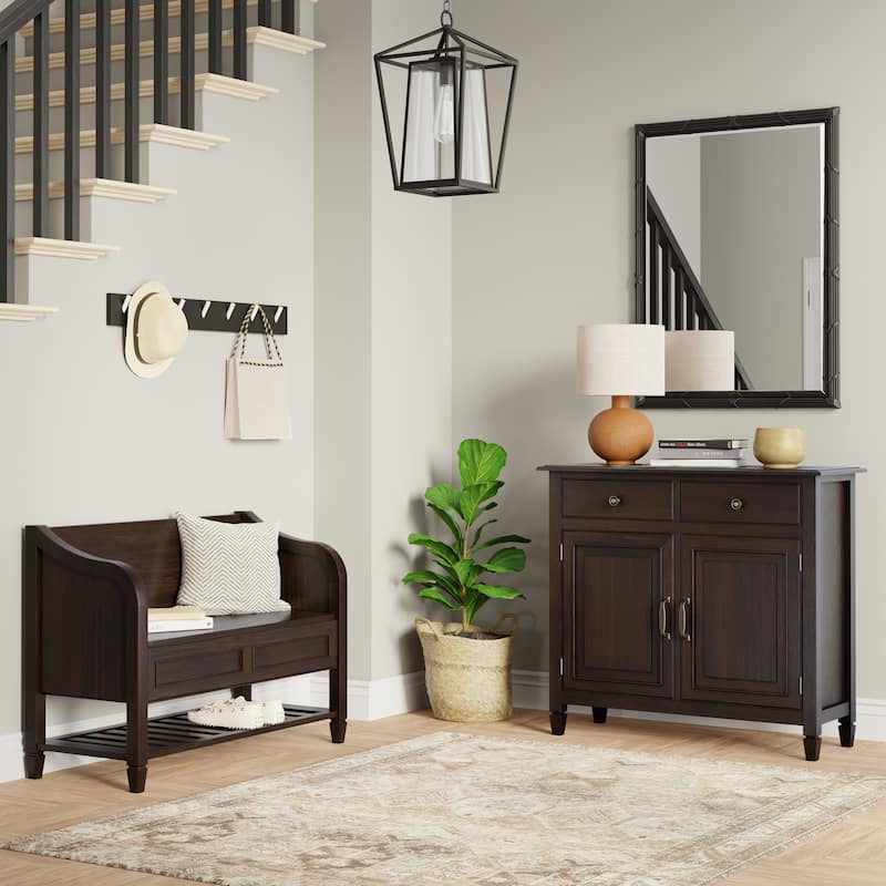 WYNDENHALL Hampshire Solid Wood 42 inch Wide Storage Bench with Shelf and 40 inch Wide Storage Cabinet in Dark Chestnut Brown