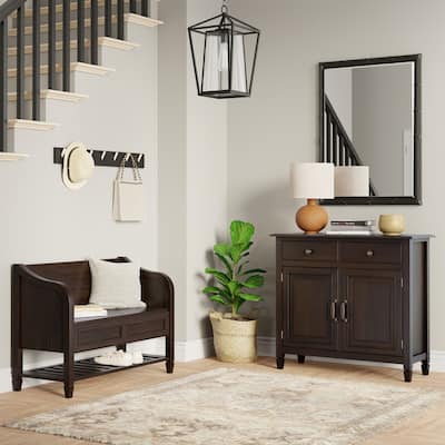 WYNDENHALL Hampshire Solid Wood 42 inch Wide Storage Bench with Shelf and 40 inch Wide Storage Cabinet in Dark Chestnut Brown