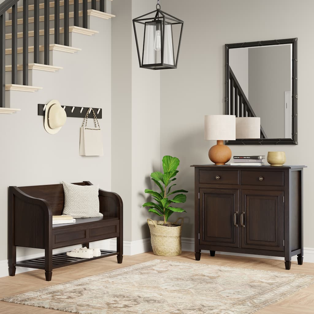 WYNDENHALL Hampshire Solid Wood 42 inch Wide Storage Bench with Shelf and 40 inch Wide Storage Cabinet in Dark Chestnut Brown