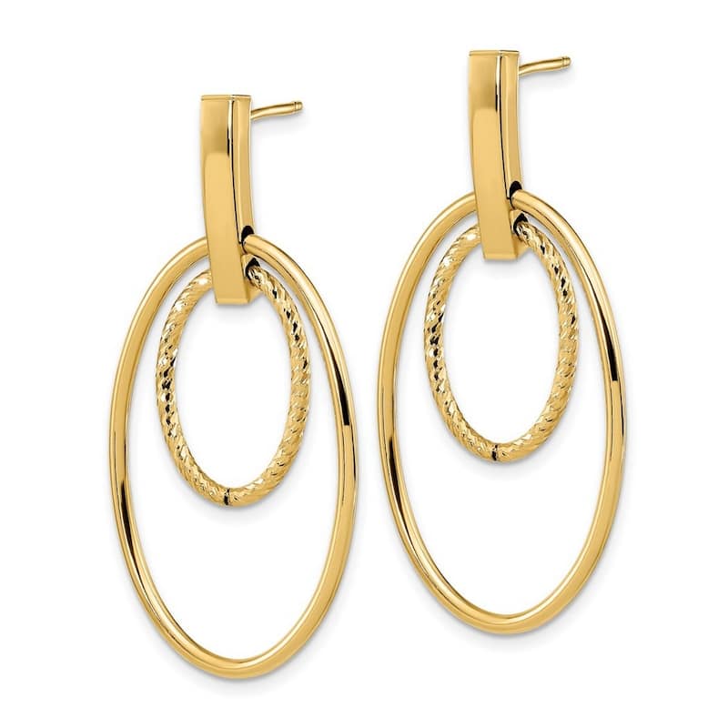 Curata 14k Yellow Gold Polished and Textured Ovals Long Drop Dangle Post Earrings 44x22mm