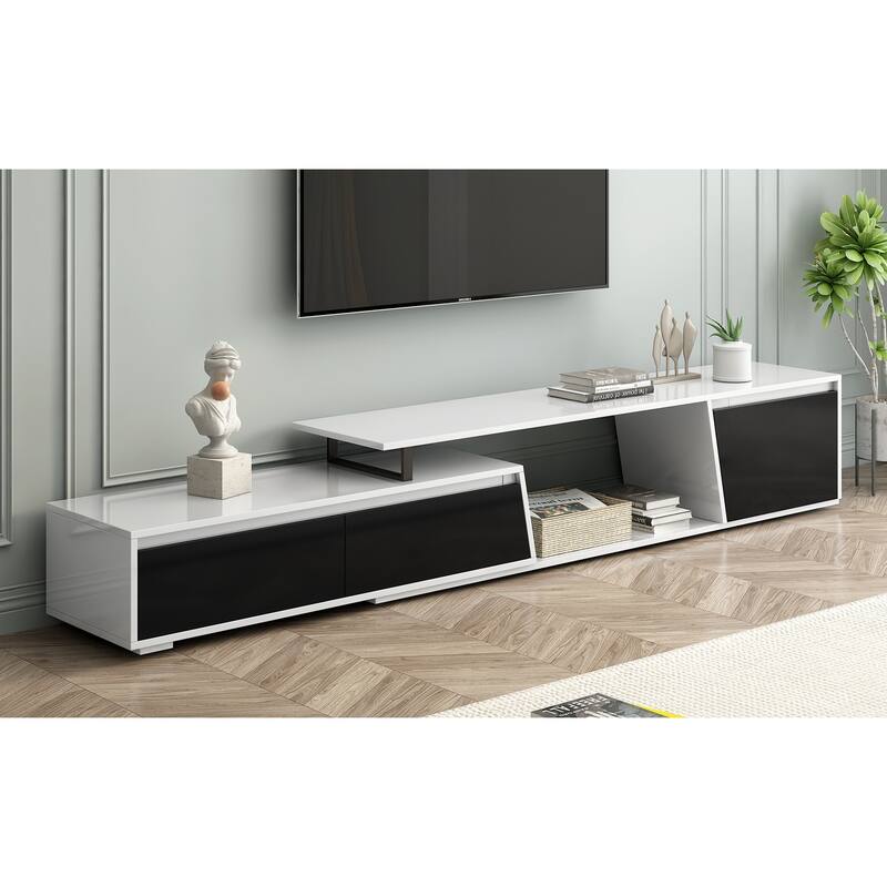Roomfitters Extendable TV Stand for up to 100 Inch TV, Modern Media Console Cabinet with Drawers and Storage