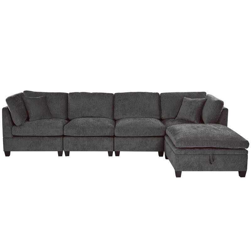 Modular L Shaped Sofa 127.6" Upholstered Sectional Couch with Removable Storage Ottoman 2 Hidden Cup Holders - Grey
