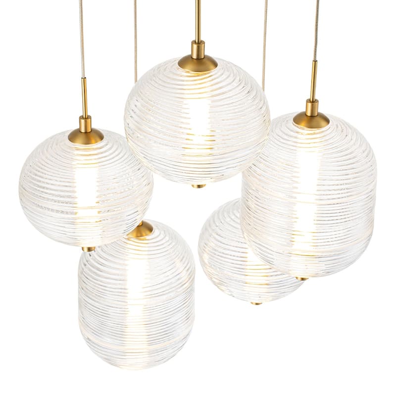 Glam Etched Ribbed Glass 5-Light Cluster LED Chandelier 16.3 in