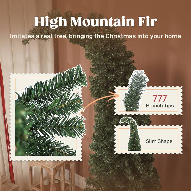 Pre-Lit Bent Top Christmas Tree - Whimsical Slim High Mountain Fir, LED Lights, Metal Stand - Green