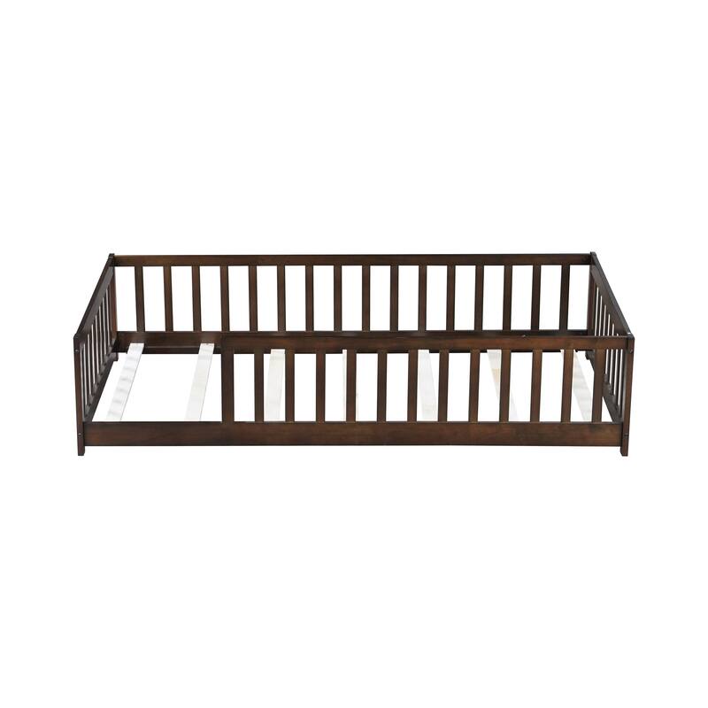 Montessori Twin Size Toddler Floor Bed with Fence without Door, Open-row Design Wood Frame Platform Bed with Safety Guardrails