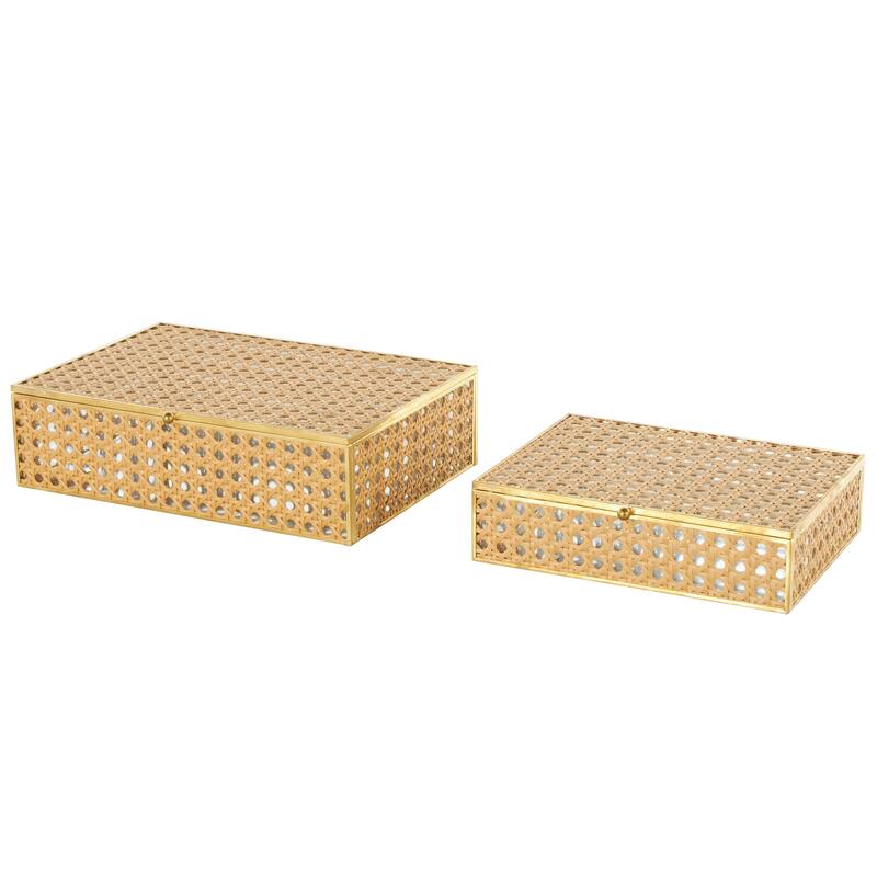 Brown Rattan Woven Decorative Jewelry Box with Glass Panels and Chain Accent (Set of 2)