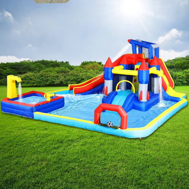10 in1 Inflatable slide water park bouncing house garden with splash pool & water gun & basketball & climbing wall - Multicolor