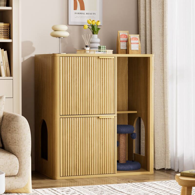 31.5" Walnut Cat Litter Cabinet with Cat Tree, Grooved Concealed Litter Furniture Featuring Dual Cat Doors and Storage Shelves - Natural