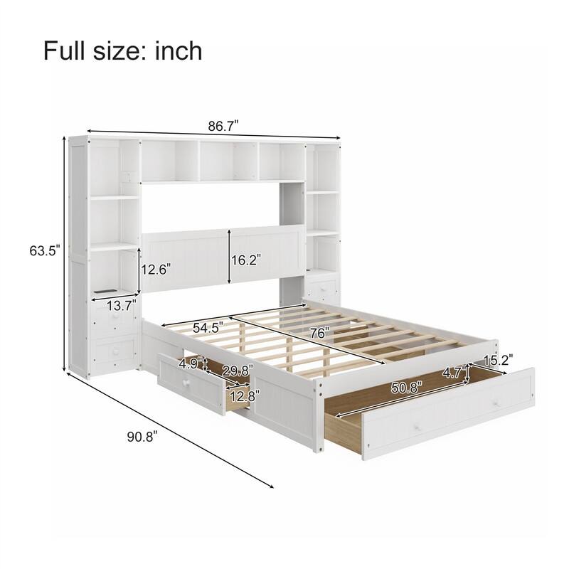 Full/Queen Size Platform Bed w/All-in-One Storage Cabinet, Multi-Functional Captain Bed w/Drawers, 2 Charging Stations & Shelves