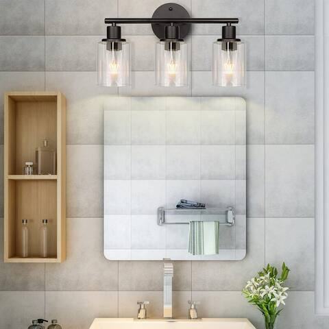 3-Light Black Bathroom Vanity Lights Wall Light with Glass Shade