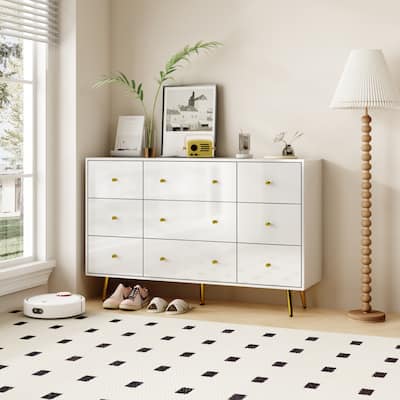 Contemporary 9-Drawer Dresser - High Gloss Finish with Gold Legs Chest