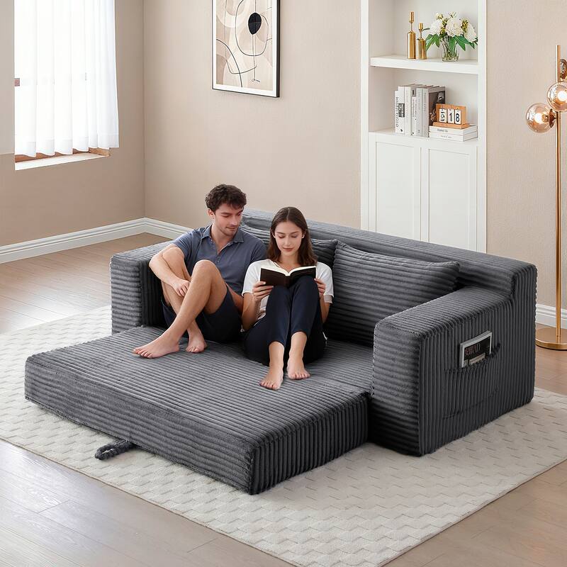 Memory Foam Cloud Loveseat Sofa, 2 in 1 Convertible Folding Couch Bed, No Assembly Compressed Corduroy Floor Lounge Sofa