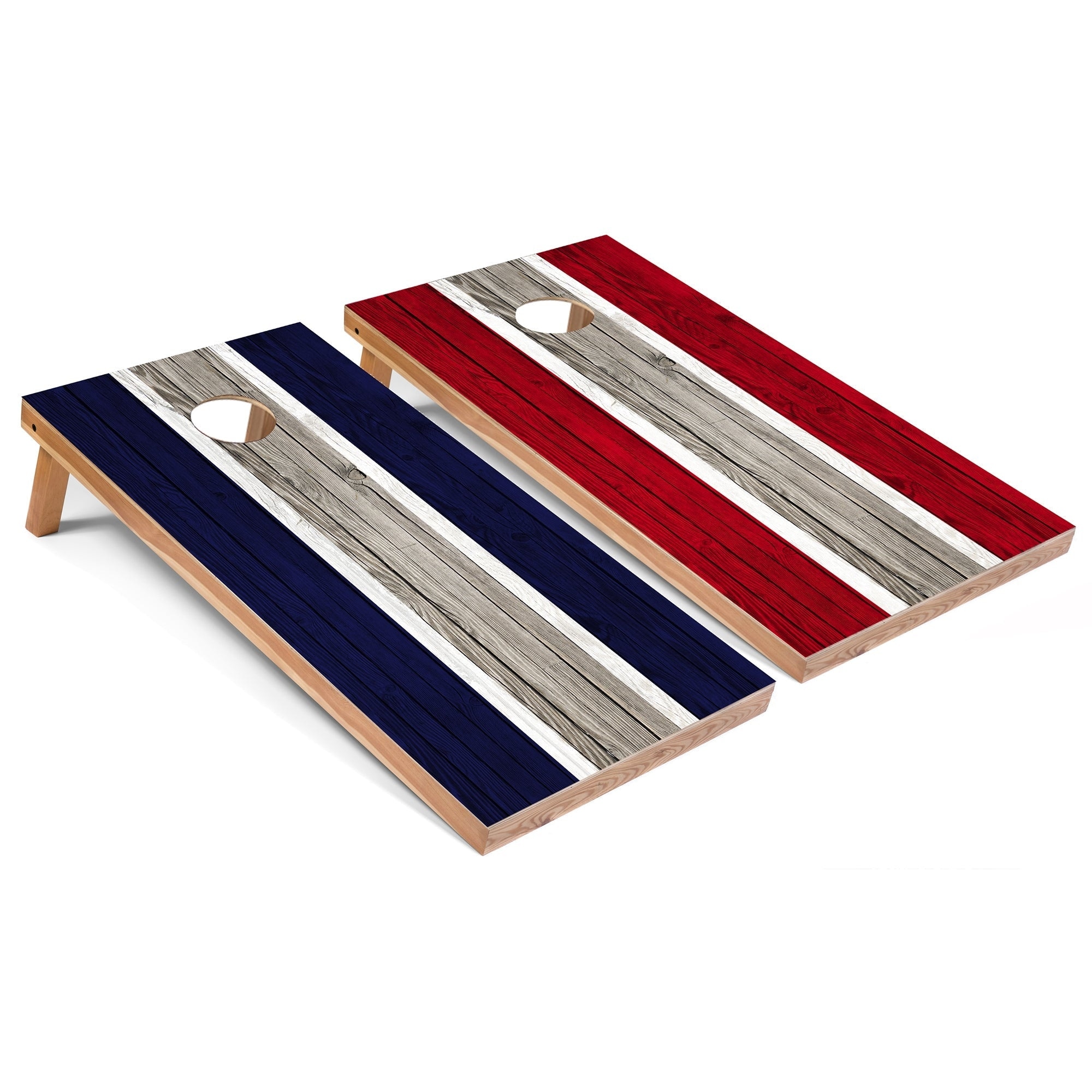 Solid Wood Cornhole Boards - Navy and Red Stripes Design