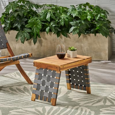 Roomfitters Outdoor Wooden Side Table with Slatted Top and Woven Strap Legs, Patio End Table for Garden, Natural+Gray