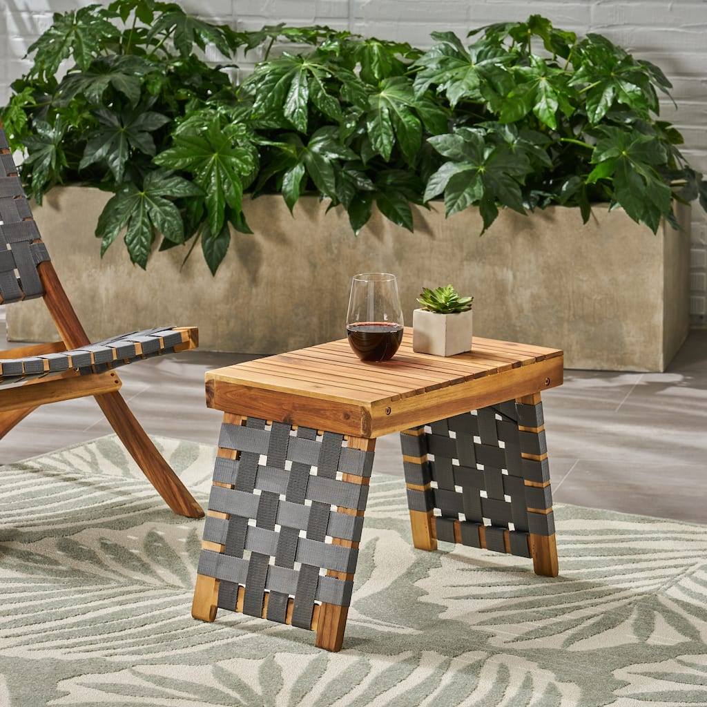 Roomfitters Outdoor Wooden Side Table with Slatted Top and Woven Strap Legs, Patio End Table for Garden, Natural+Gray
