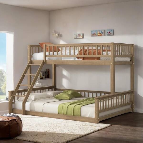 slide 2 of 19, Twin XL over Queen Bunk Bed with Ladder and Guardrails Walnut