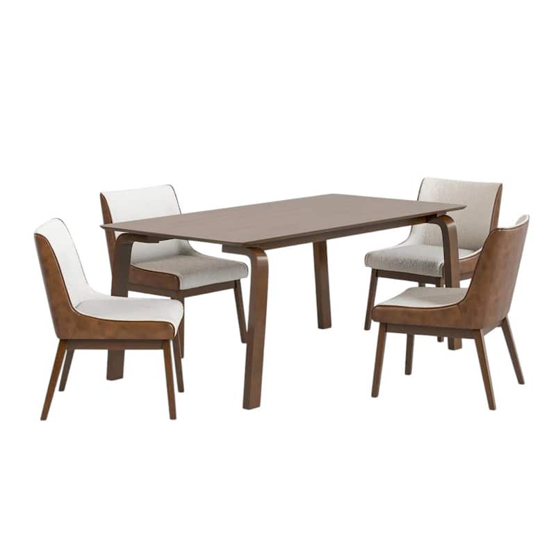 Rectangular Wooden Dining Set with Padded Seats in Walnut and Beige - 5-Piece