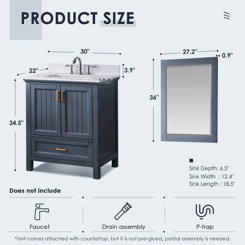 Altair Isla Single Bathroom Vanity Set and Aosta White Countertop with Mirror