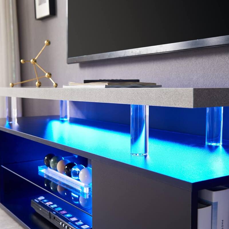 Grey+Black 51.18" Gaming TV Stand with Multi Colored LED Lights and Large Side Cabinet for 65 Inch TVs