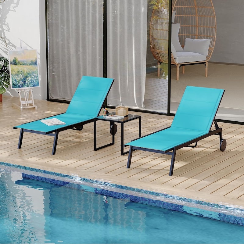 Adjustable Backrest Poolside Loungers Set of 3, Outdoor Lounge Chairs With Wheels - Blue