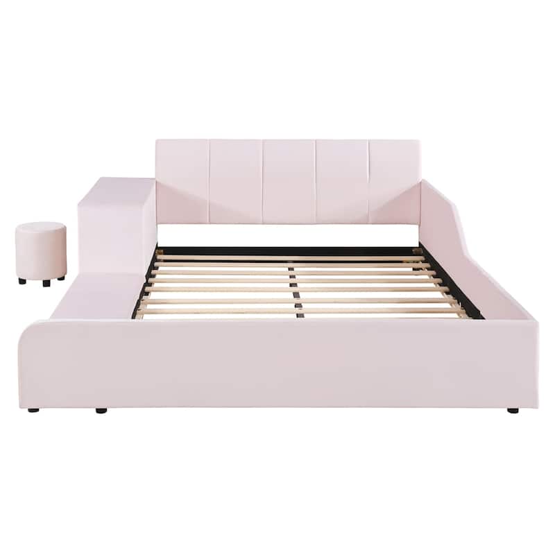 Full Upholstered Grounded Bed w/ Bedside Desk & Little Round Stool