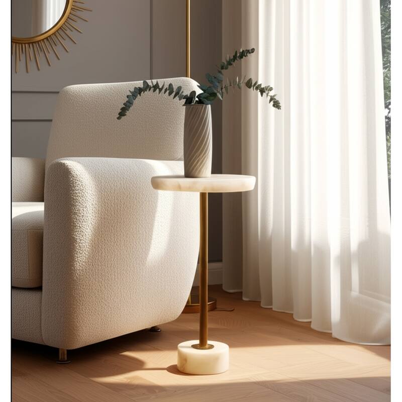 Marble Metal Side Table Modern Slim Base Narrow Round Top Home Decor - 24.0" - White