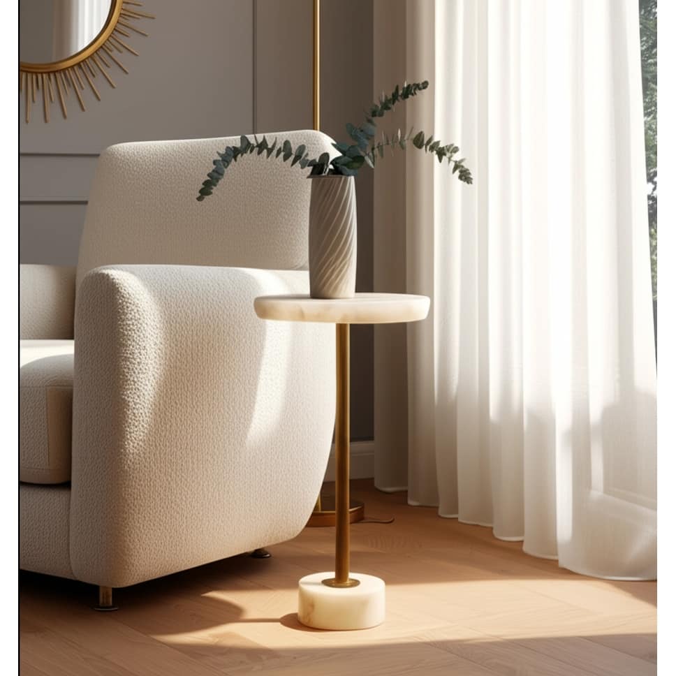 Marble Metal Side Table Modern Slim Base Narrow Round Top Home Decor - 24.0"