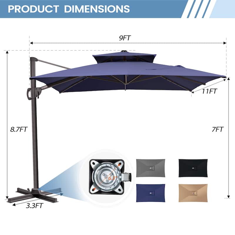 11 x 9 ft Outdoor Rectangular Patio Offset Cantilever Umbrella with 360-degree Rotation and 6 Shade Angles