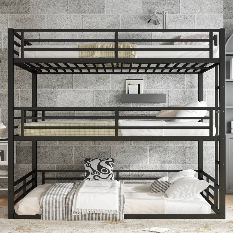 Heavy Duty Metal Bunk Bed Frame, Triple Floor Bunk Bed, Metal Triple Bunk Bed Frame with Safety Guardrails - Black - Queen