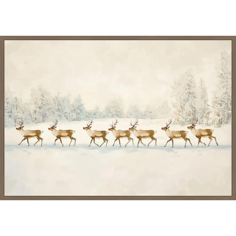 Winter Wonderland: Reindeer Procession by Melloi Art Prints Framed Canvas Wall Art Print - Sylvie Dark Gold