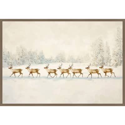 Winter Wonderland: Reindeer Procession by Melloi Art Prints Framed Canvas Wall Art Print - Sylvie Dark Gold