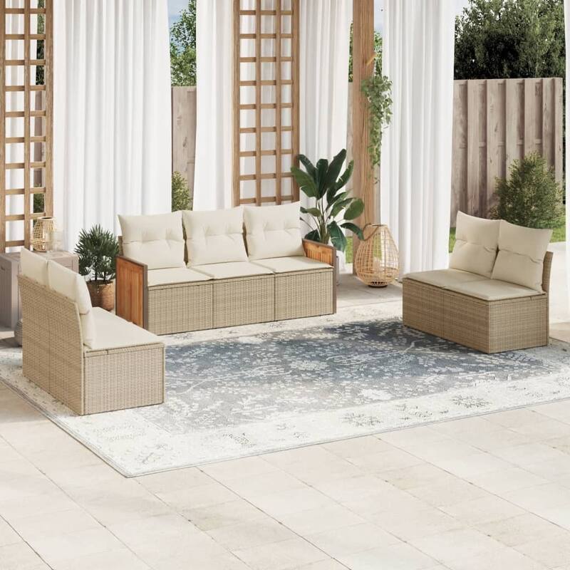 vidaXL Patio Sofa Set with Cushions Outdoor Conversation Furniture Poly Rattan - Beige and Cream - 24.4 x 23.2 x 27.2